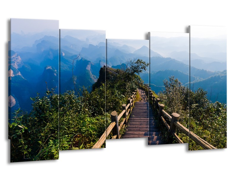 Canvas Schilderij Natuur, Brug | Blauw, Groen, Grijs | 150x80cm 5Luik