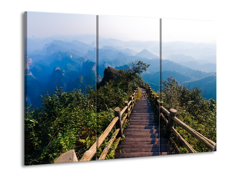 Canvas Schilderij Natuur, Brug | Blauw, Groen, Grijs | 60x90cm 3Luik