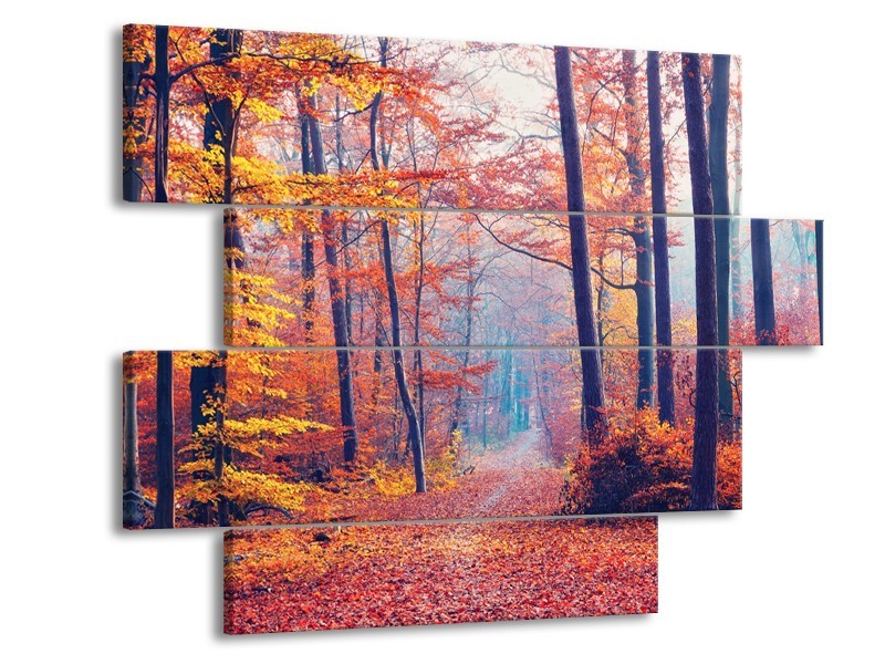 Canvas Schilderij Bos, Herfst | Oranje, Bruin, Grijs | 115x85cm 4Luik