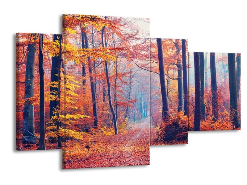 Canvas Schilderij Bos, Herfst | Oranje, Bruin, Grijs | 120x75cm 4Luik