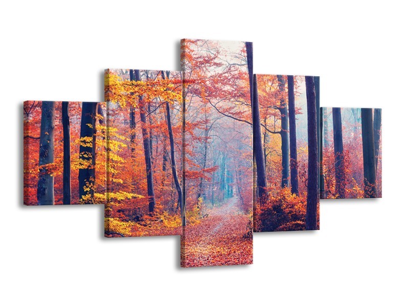 Canvas Schilderij Bos, Herfst | Oranje, Bruin, Grijs | 125x70cm 5Luik