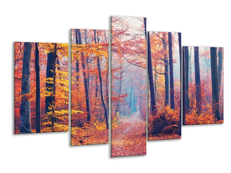 Canvas Schilderij Bos, Herfst | Oranje, Bruin, Grijs | 170x100cm 5Luik