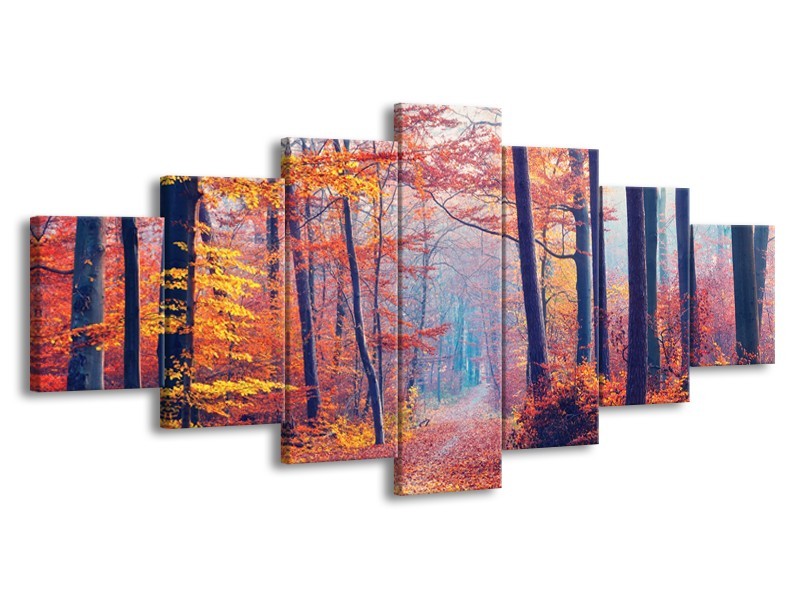 Canvas Schilderij Bos, Herfst | Oranje, Bruin, Grijs | 210x100cm 7Luik