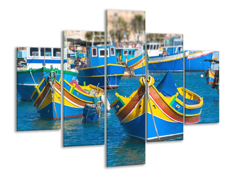 Canvas Schilderij Boot, Natuur | Blauw, Geel, Oranje | 100x70cm 5Luik