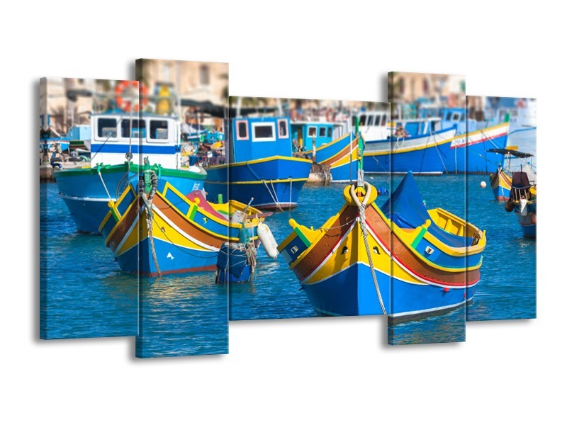 Canvas Schilderij Boot, Natuur | Blauw, Geel, Oranje | 120x65cm 5Luik