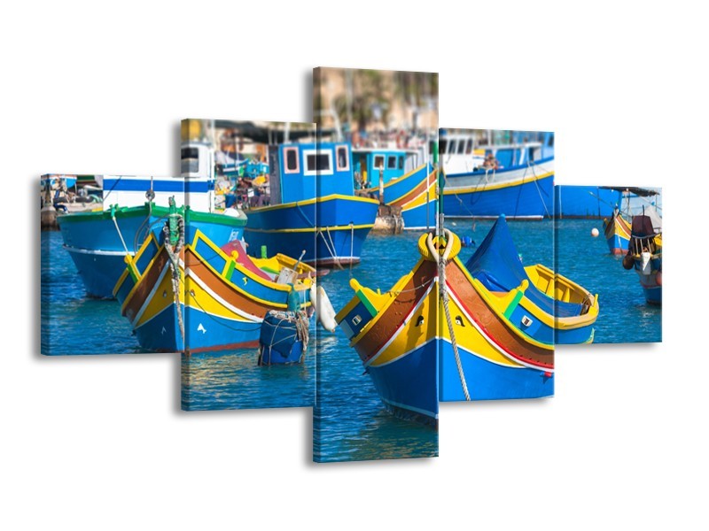 Canvas Schilderij Boot, Natuur | Blauw, Geel, Oranje | 125x70cm 5Luik
