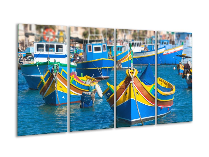 Canvas Schilderij Boot, Natuur | Blauw, Geel, Oranje | 160x80cm 4Luik