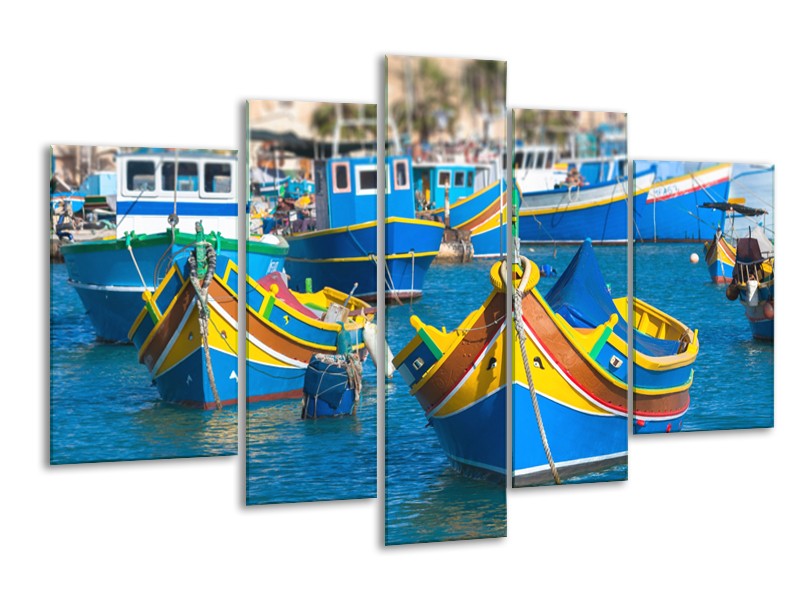 Canvas Schilderij Boot, Natuur | Blauw, Geel, Oranje | 170x100cm 5Luik