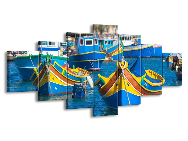Canvas Schilderij Boot, Natuur | Blauw, Geel, Oranje | 210x100cm 7Luik