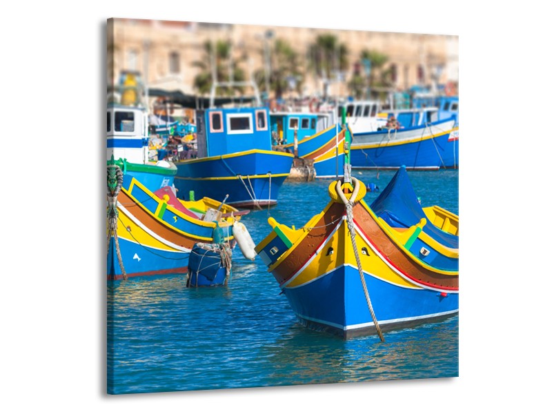 Canvas Schilderij Boot, Natuur | Blauw, Geel, Oranje | 50x50cm 1Luik