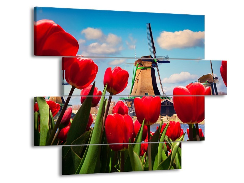 Canvas Schilderij Tulpen, Molen | Rood, Blauw, Grijs | 115x85cm 4Luik