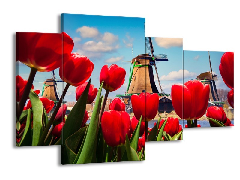 Canvas Schilderij Tulpen, Molen | Rood, Blauw, Grijs | 120x75cm 4Luik