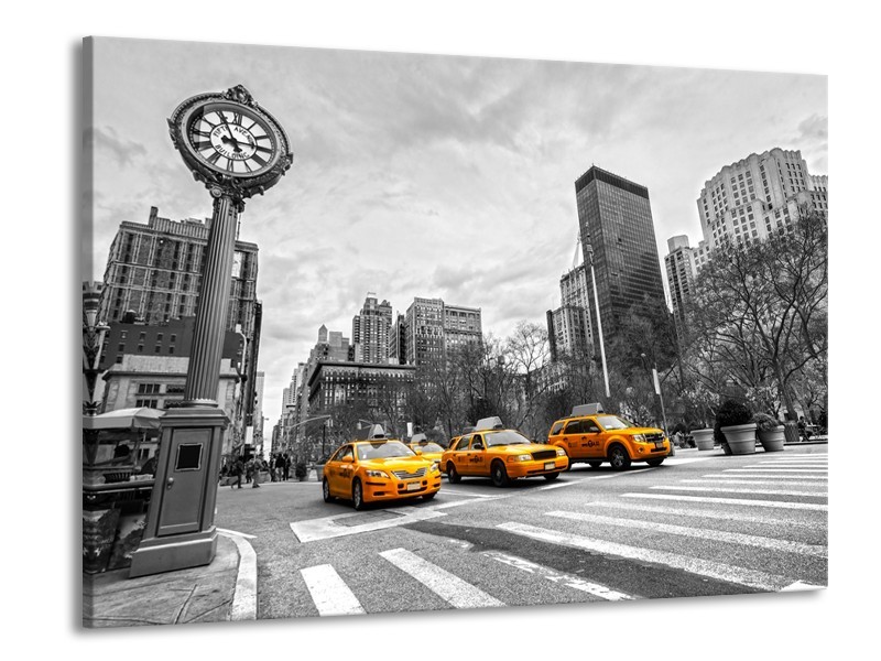 Canvas Schilderij New York, Auto | Zwart, Wit, Geel | 100x70cm 1Luik