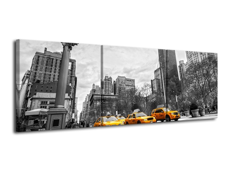 Glasschilderij New York, Auto | Zwart, Wit, Geel | 120x40cm 3Luik