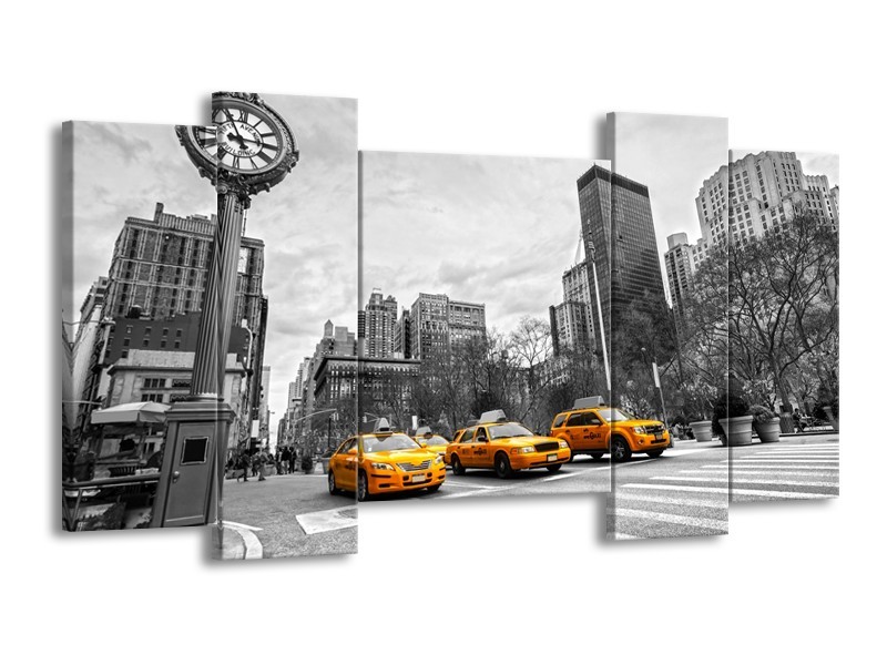 Canvas Schilderij New York, Auto | Zwart, Wit, Geel | 120x65cm 5Luik