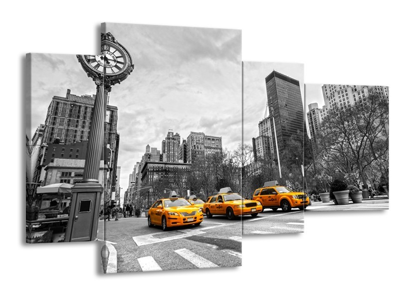 Canvas Schilderij New York, Auto | Zwart, Wit, Geel | 120x75cm 4Luik