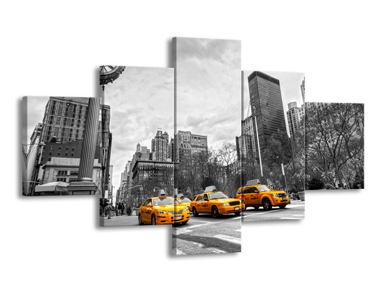 Glasschilderij New York, Auto | Zwart, Wit, Geel | 125x70cm 5Luik