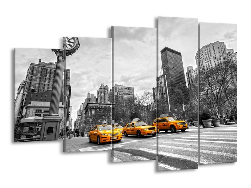 Canvas Schilderij New York, Auto | Zwart, Wit, Geel | 150x100cm 5Luik