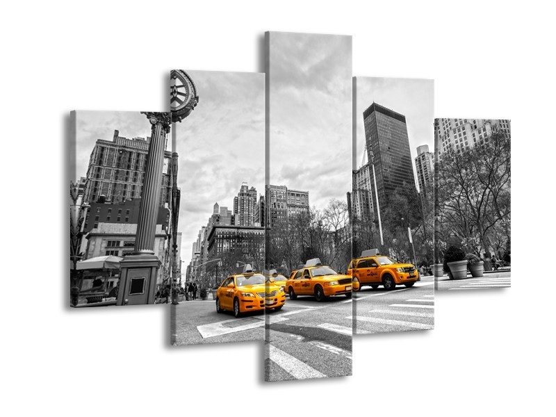 Canvas Schilderij New York, Auto | Zwart, Wit, Geel | 150x105cm 5Luik