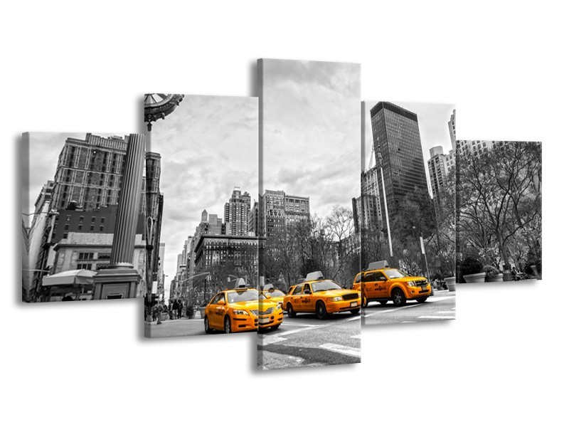 Glasschilderij New York, Auto | Zwart, Wit, Geel | 150x80cm 5Luik