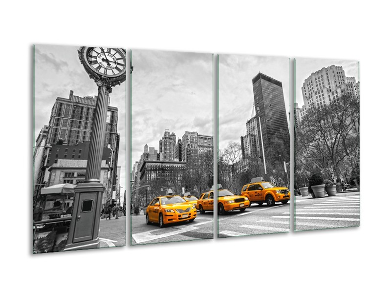 Glasschilderij New York, Auto | Zwart, Wit, Geel | 160x80cm 4Luik