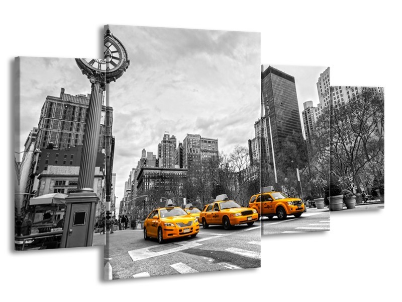 Canvas Schilderij New York, Auto | Zwart, Wit, Geel | 160x90cm 4Luik