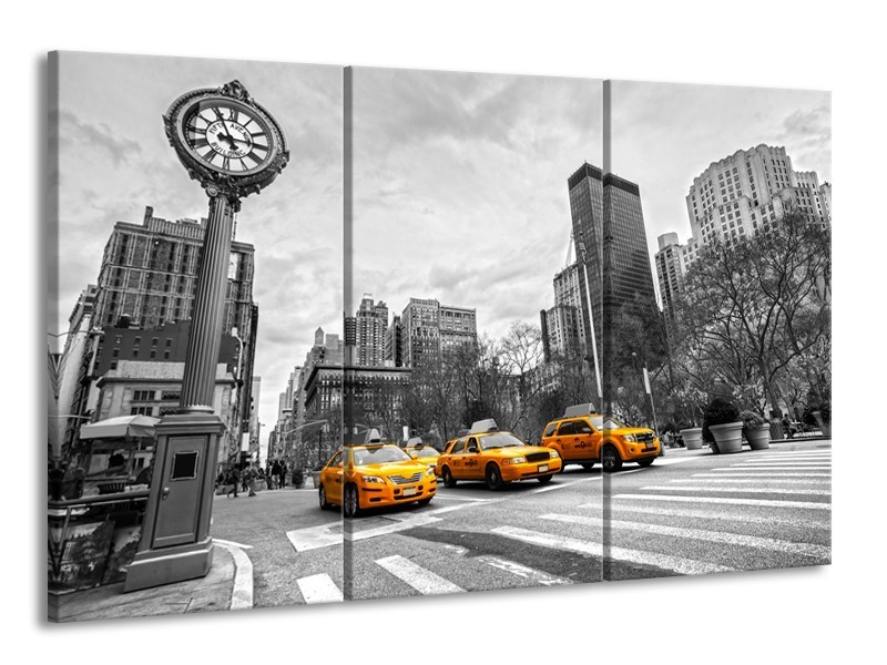 Canvas Schilderij New York, Auto | Zwart, Wit, Geel | 165x100cm 3Luik