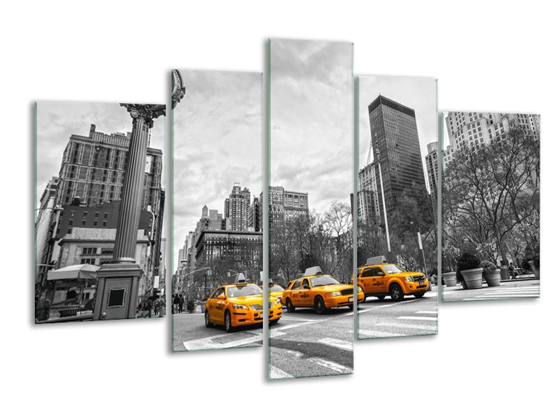 Glasschilderij New York, Auto | Zwart, Wit, Geel | 170x100cm 5Luik