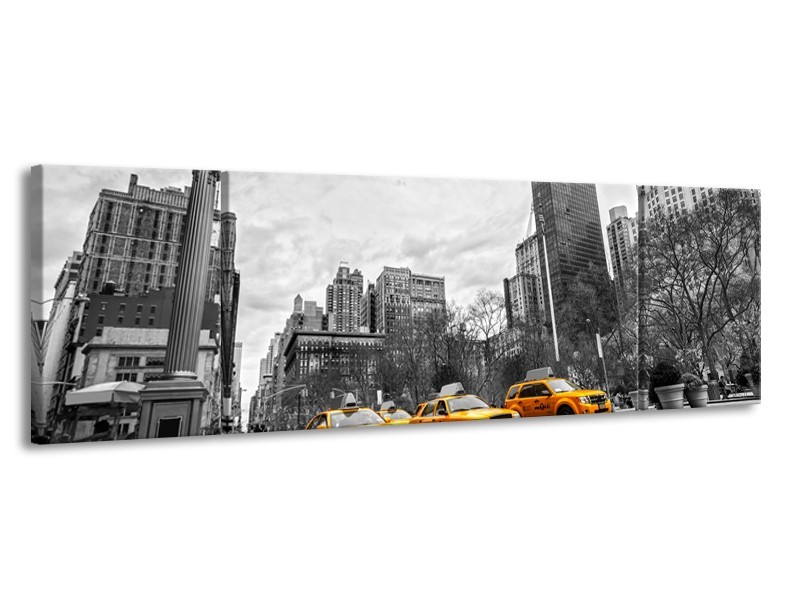 Glasschilderij New York, Auto | Zwart, Wit, Geel | 170x50cm 3Luik