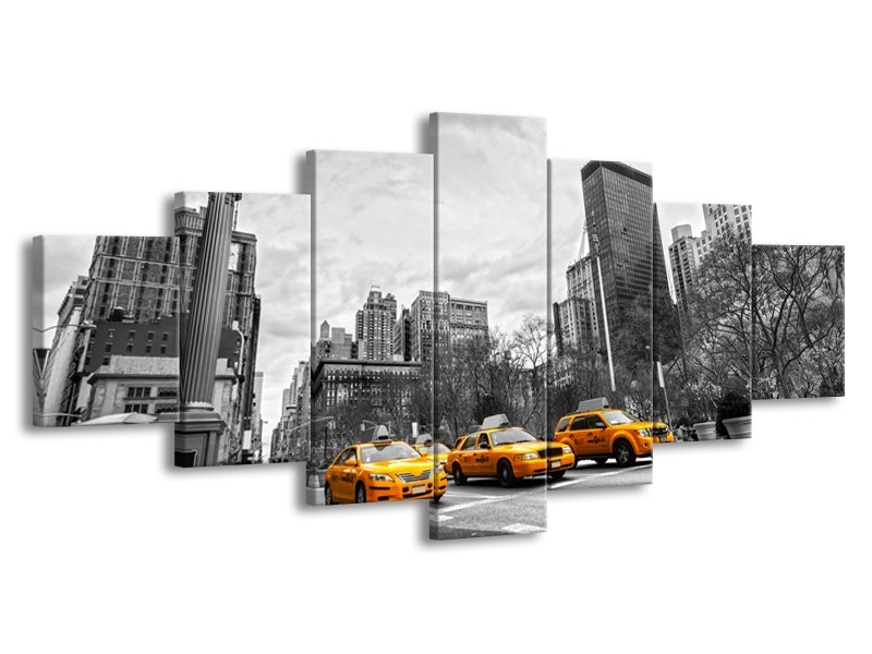 Canvas Schilderij New York, Auto | Zwart, Wit, Geel | 210x100cm 7Luik