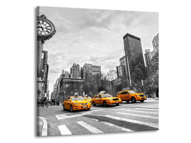 Glasschilderij New York, Auto | Zwart, Wit, Geel | 50x50cm 1Luik