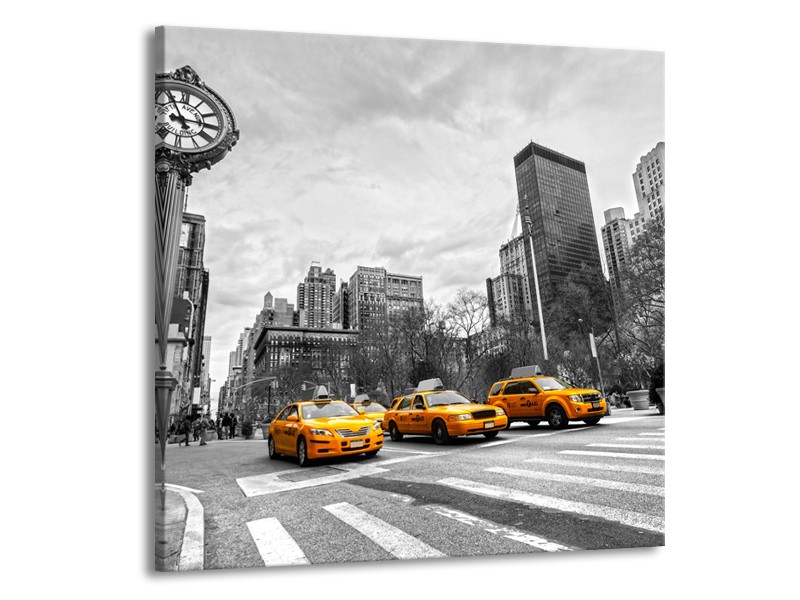 Glasschilderij New York, Auto | Zwart, Wit, Geel | 70x70cm 1Luik