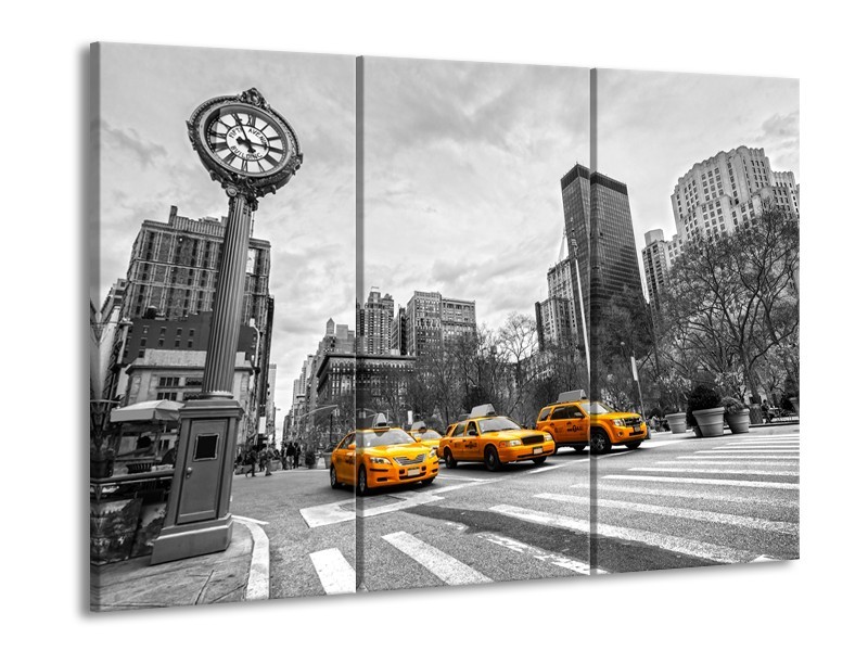Canvas Schilderij New York, Auto | Zwart, Wit, Geel | 60x90cm 3Luik