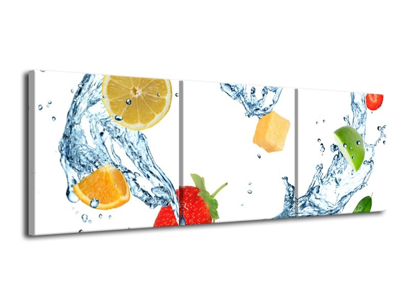 Canvas Schilderij Fruit, Keuken | Wit, Geel, Blauw | 120x40cm 3Luik