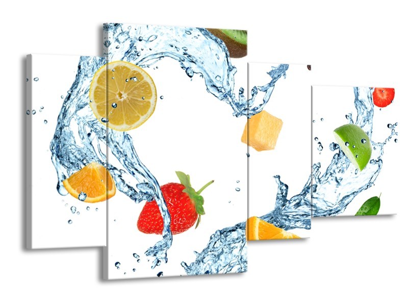 Canvas Schilderij Fruit, Keuken | Wit, Geel, Blauw | 120x75cm 4Luik
