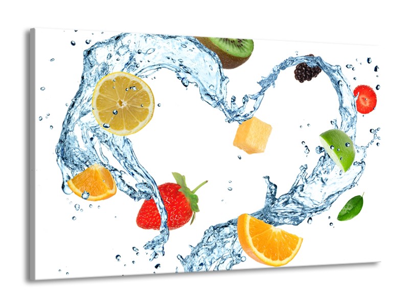 Glasschilderij Fruit, Keuken | Wit, Geel, Blauw | 140x90cm 1Luik