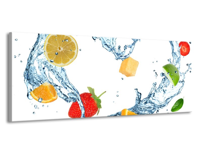 Canvas Schilderij Fruit, Keuken | Wit, Geel, Blauw | 145x58cm 1Luik