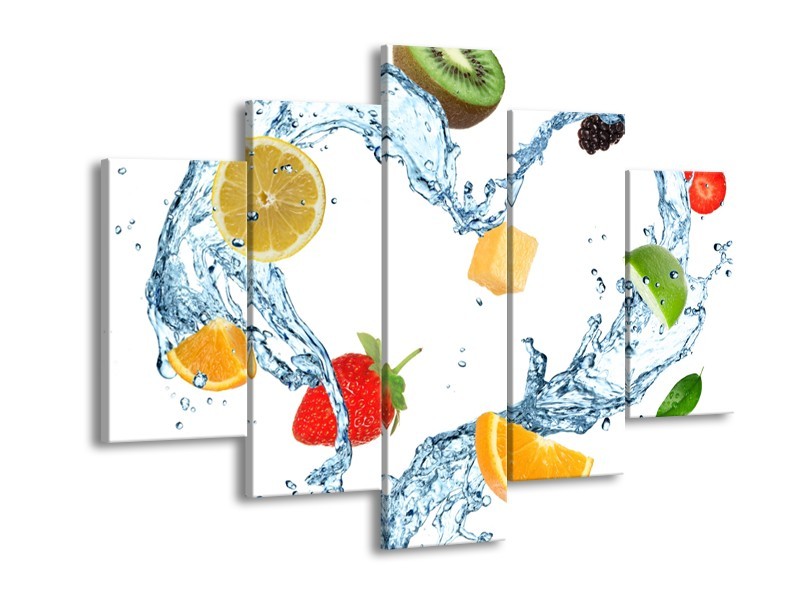 Canvas Schilderij Fruit, Keuken | Wit, Geel, Blauw | 150x105cm 5Luik