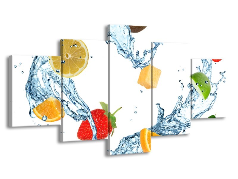 Canvas Schilderij Fruit, Keuken | Wit, Geel, Blauw | 150x80cm 5Luik