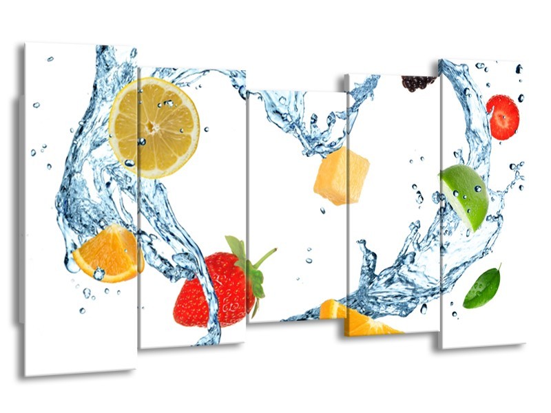 Canvas Schilderij Fruit, Keuken | Wit, Geel, Blauw | 150x80cm 5Luik