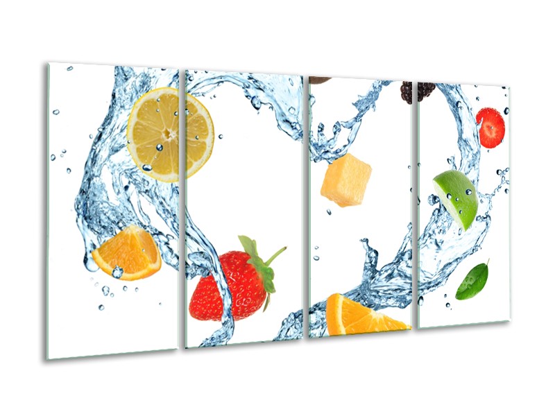 Canvas Schilderij Fruit, Keuken | Wit, Geel, Blauw | 160x80cm 4Luik