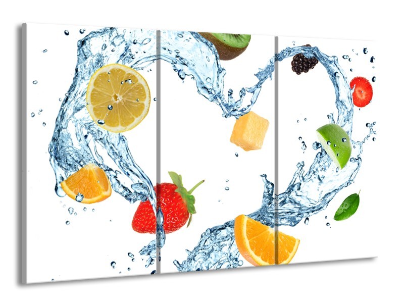 Canvas Schilderij Fruit, Keuken | Wit, Geel, Blauw | 165x100cm 3Luik