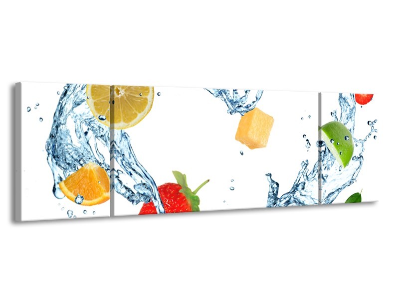 Glasschilderij Fruit, Keuken | Wit, Geel, Blauw | 170x50cm 3Luik