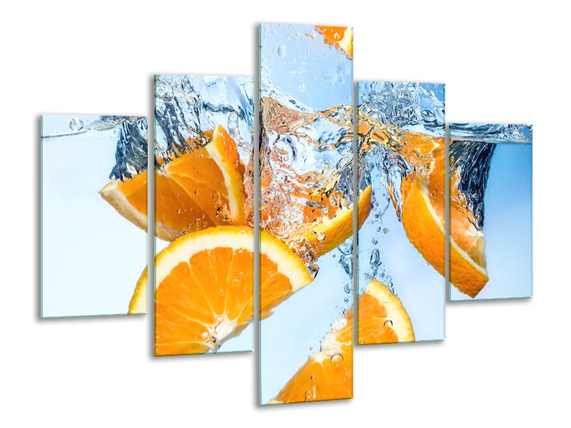 Glasschilderij Sinaasappel, Keuken | Geel, Blauw | 100x70cm 5Luik
