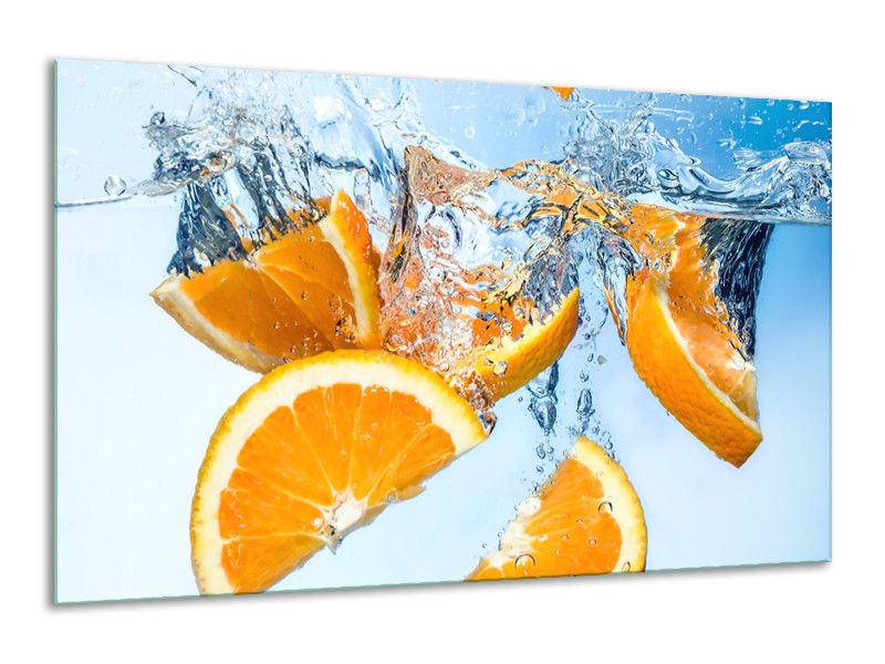 Canvas Schilderij Sinaasappel, Keuken | Geel, Blauw | 120x70cm 1Luik