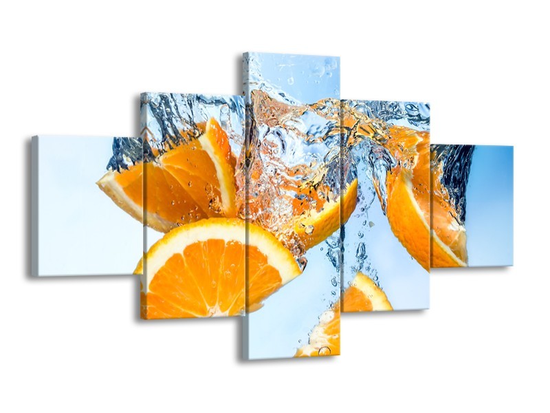 Glasschilderij Sinaasappel, Keuken | Geel, Blauw | 125x70cm 5Luik