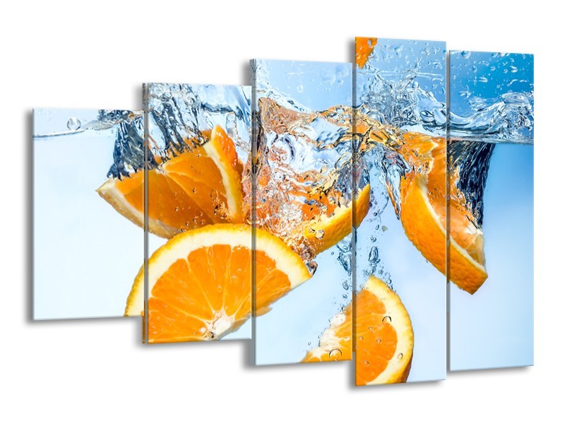 Canvas Schilderij Sinaasappel, Keuken | Geel, Blauw | 150x100cm 5Luik