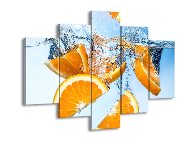 Canvas Schilderij Sinaasappel, Keuken | Geel, Blauw | 150x105cm 5Luik
