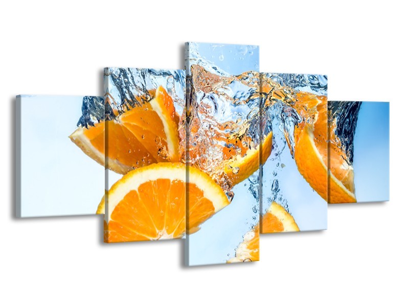 Canvas Schilderij Sinaasappel, Keuken | Geel, Blauw | 150x80cm 5Luik