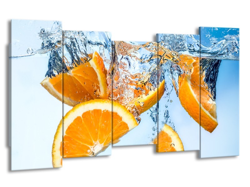 Canvas Schilderij Sinaasappel, Keuken | Geel, Blauw | 150x80cm 5Luik